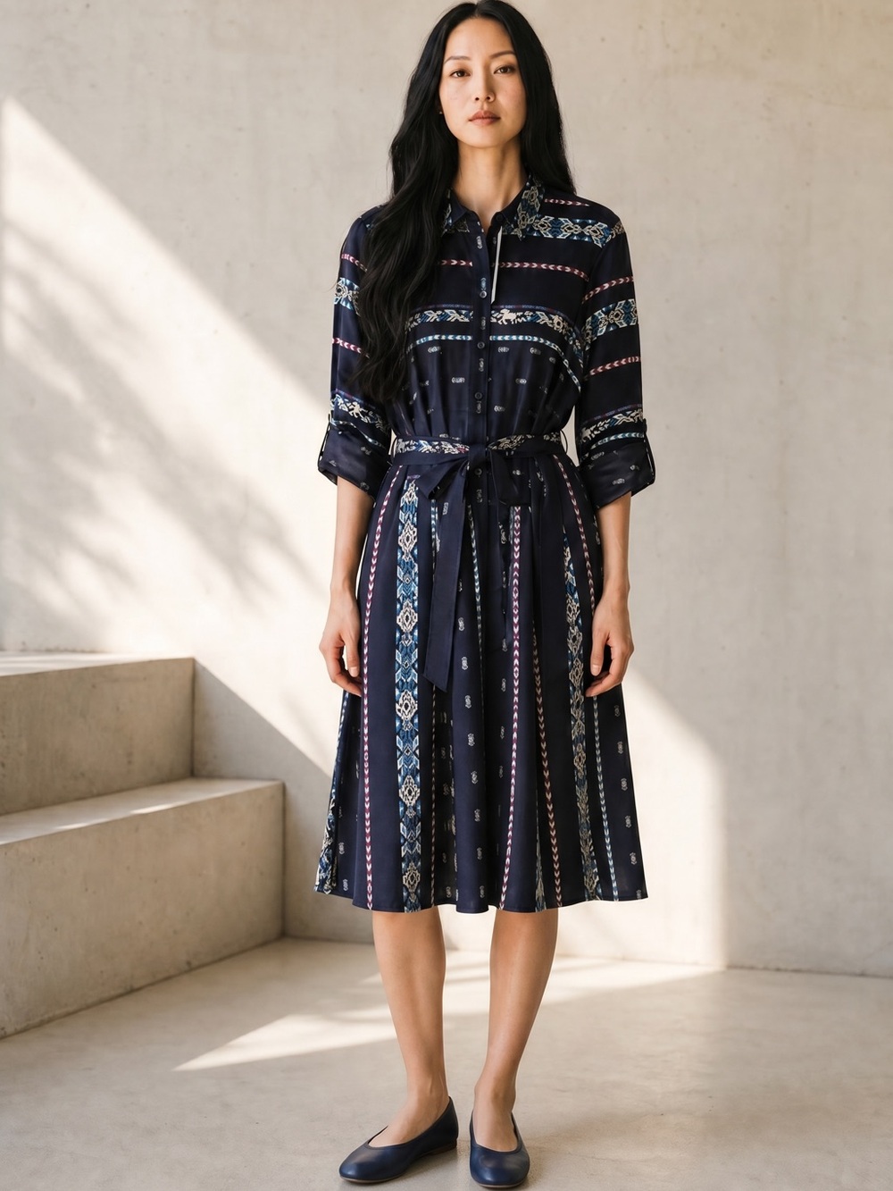 Finley Navy Patterned Tie-Waist Midi Shirt Dress